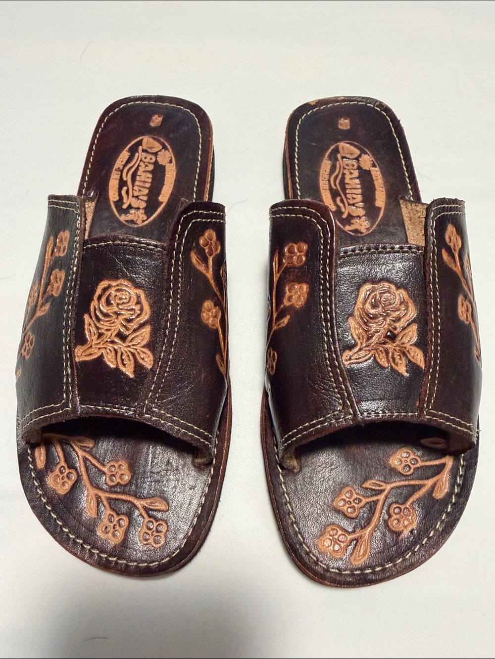 Bahia’s Brown Leather Floral Slide Sandals